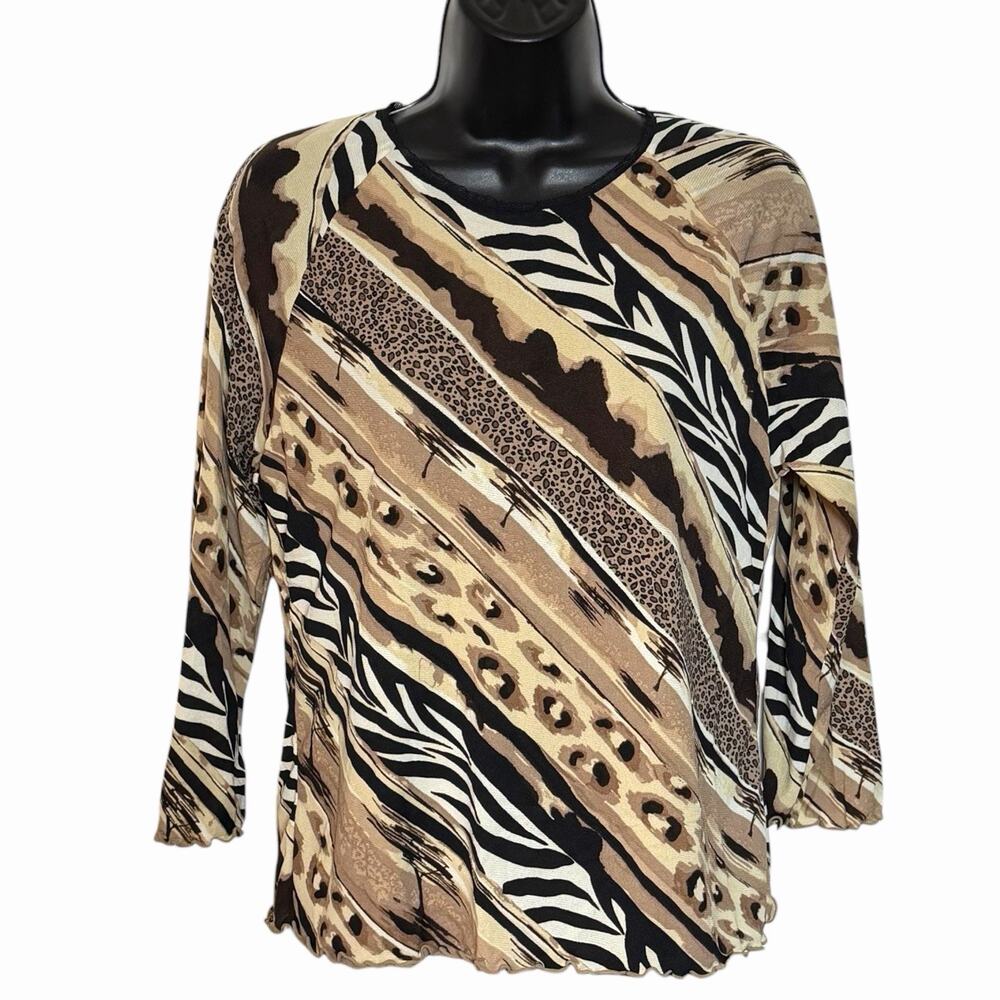 VTG 90s Y2K MESH KNIT TOP BOHO RETRO ANIMAL PRINT STRIPE 3/4 SLEEVE KATHIE LEE L